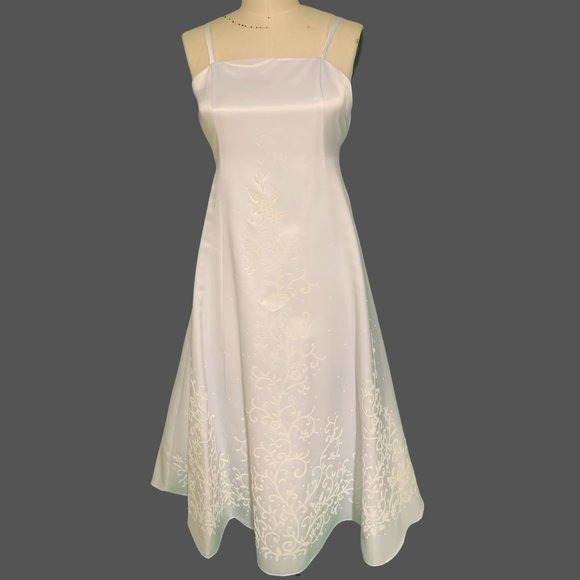 2ND BEAD EMBROIDERED WHT SATIN DRESS & MATCHING SHRT-SLEEVED CROP JACKET SZ 8 - Picture 4 of 5